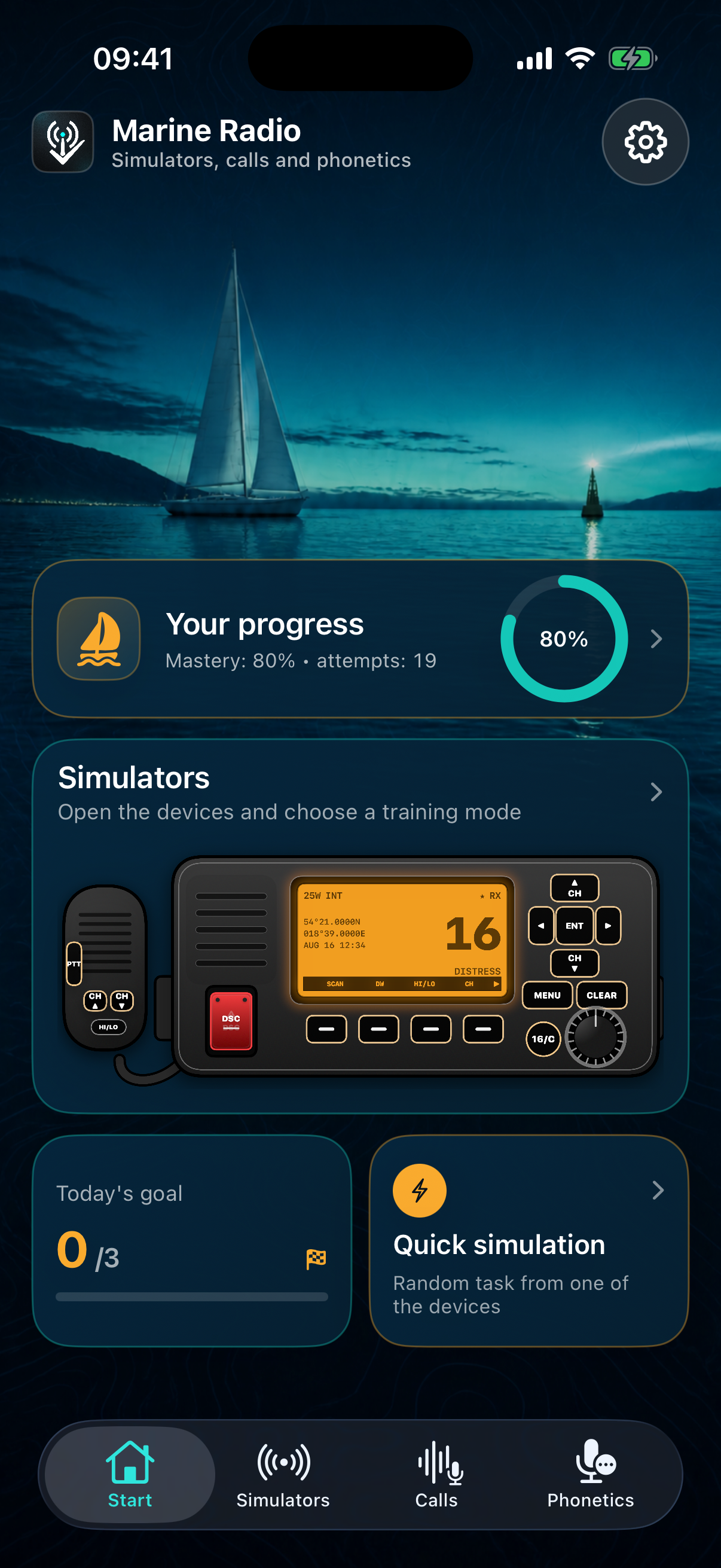 Marine Radio Simulator home screen